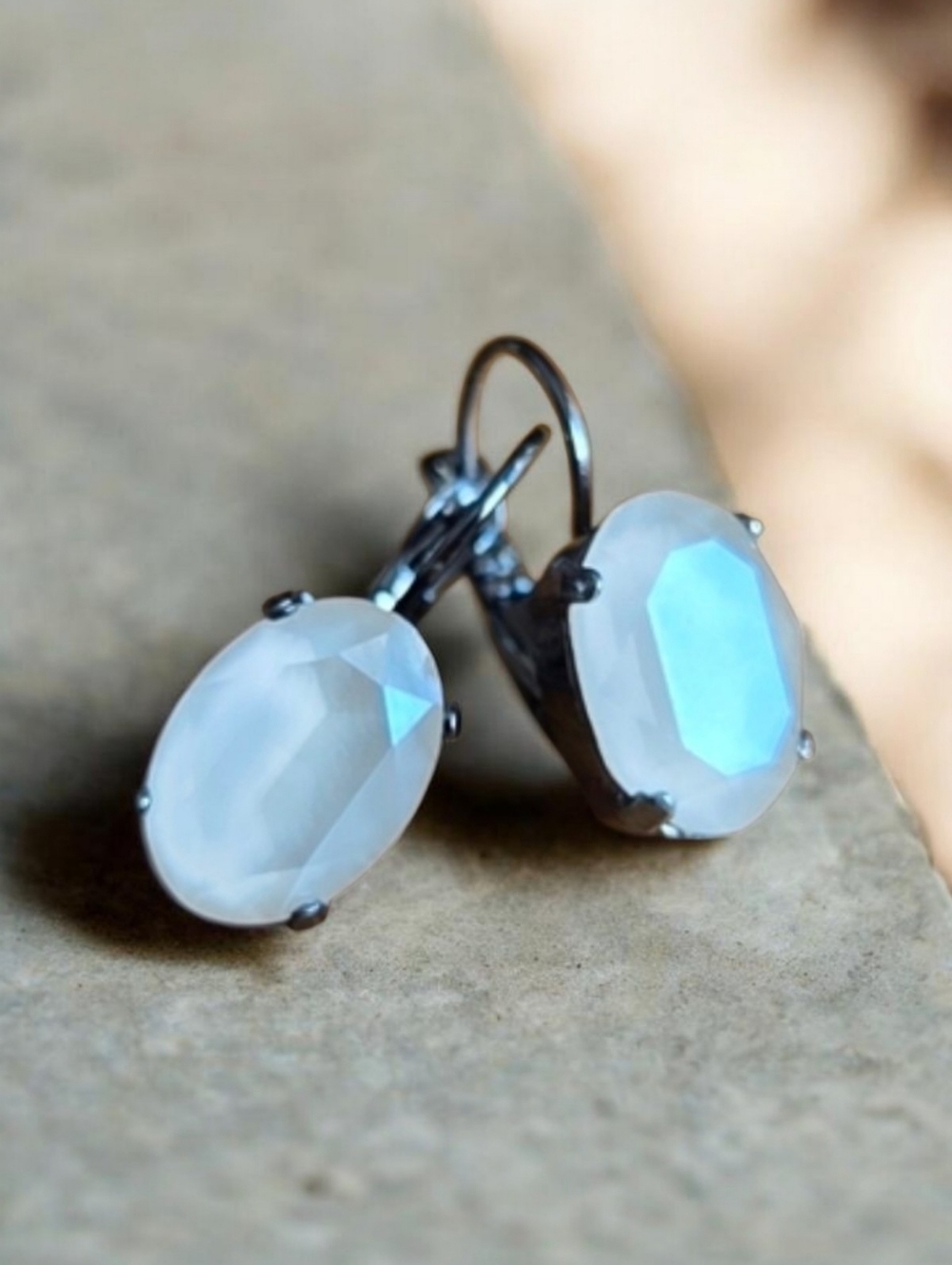 Hematite Lever Back Drop Earrings with Ivory Cream Crystals - Hand Crafted